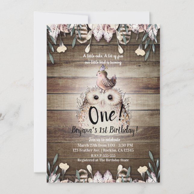 Bohemian Feather Friends Owl & Bird Baby 1st One Invitation (Front)