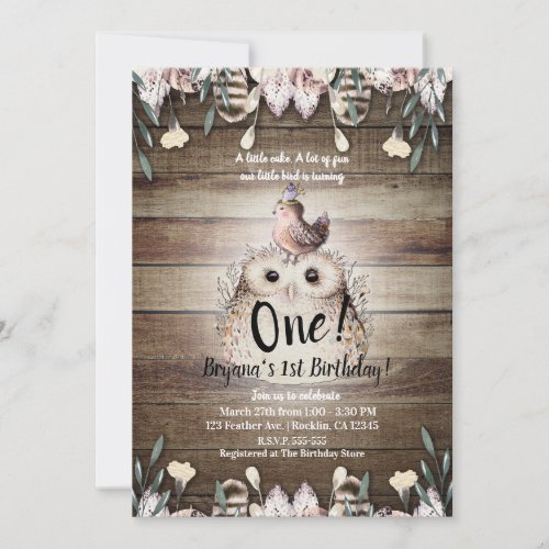 Bohemian Feather Friends Owl  Bird Baby 1st One Invitation