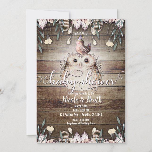 Bohemian Feather Friends Owl & Bird Baby Shower Invitation (Front)