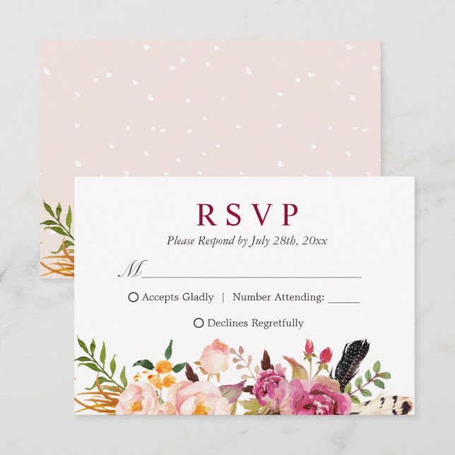 Bohemian Feather Rustic Floral Boho RSVP Card (Front/Back)