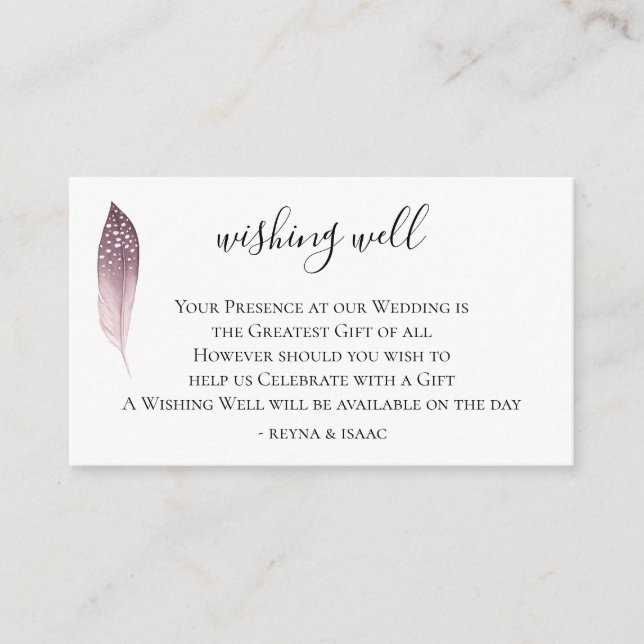 Bohemian Feather Wedding Wishing Well Enclosure Card (Front)