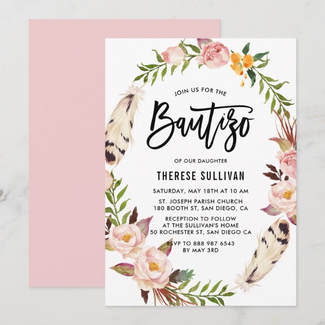 Bohemian Feathers and Blush Floral Wreath Bautizo Invitation (Front/Back)