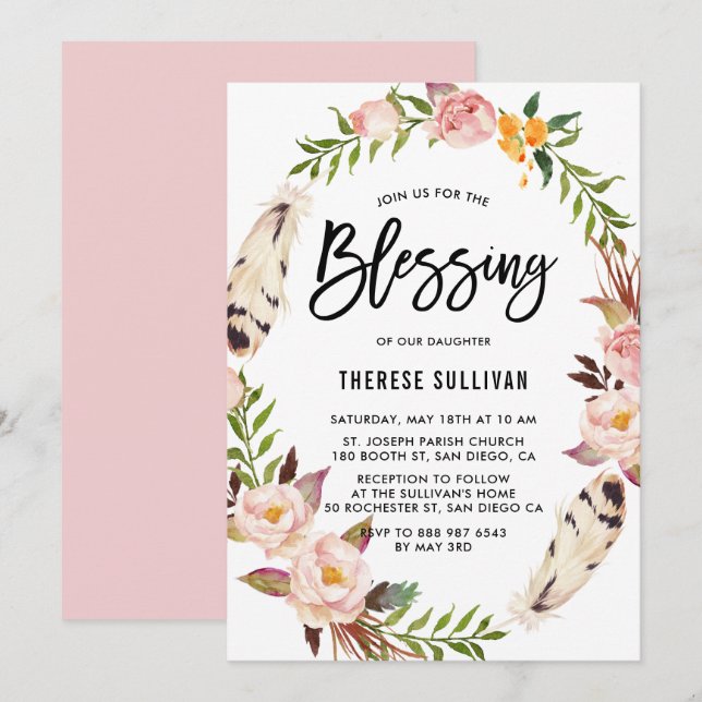 Bohemian Feathers and Floral Wreath Baby Blessing Invitation (Front/Back)