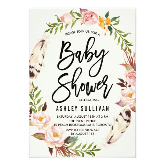 Bohemian Feathers And Fl Wreath Baby Shower Invitation Zazzle Bohemian Feathers And Fl Wreath Baby Shower Invitation