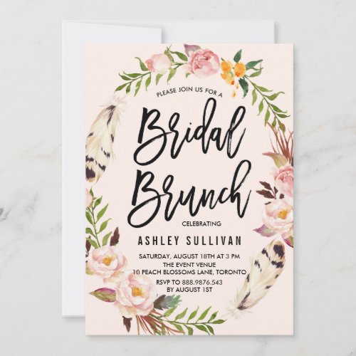 Bohemian Feathers and Floral Wreath Bridal Brunch Invitation