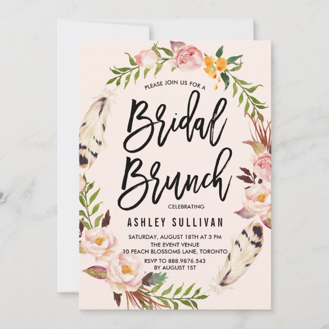 Bohemian Feathers and Floral Wreath Bridal Brunch Invitation (Front)