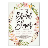 Bohemian Feathers and Floral Wreath Bridal Shower Card