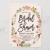 Bohemian Feathers and Floral Wreath Bridal Shower Invitation (Front/Back)