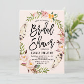 Bohemian Feathers and Floral Wreath Bridal Shower Invitation (Standing Front)