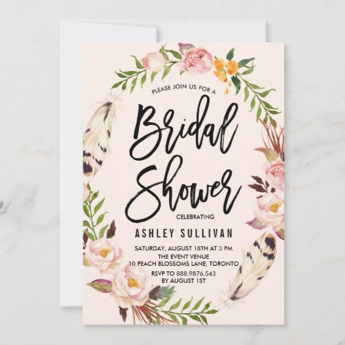 Bohemian Feathers and Floral Wreath Bridal Shower Invitation