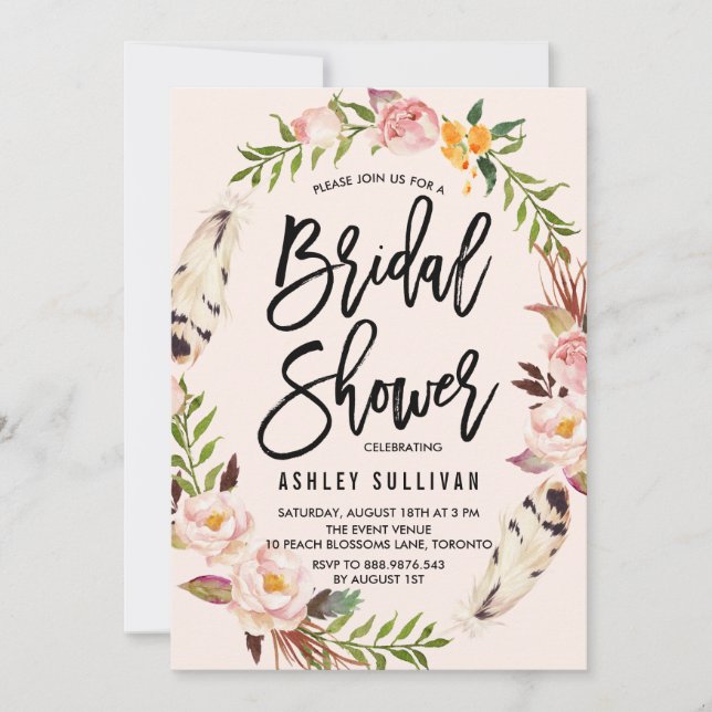 Bohemian Feathers and Floral Wreath Bridal Shower Invitation (Front)