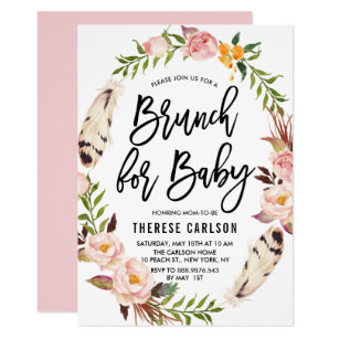 Bohemian Baby Shower Invitations Zazzle Bohemian Feathers Fl Wreath Baby Shower Brunch Invitation