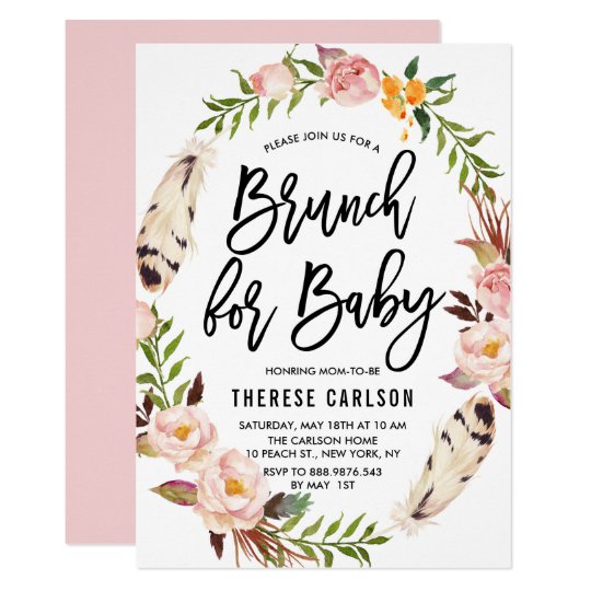 Bohemian Feathers Floral Wreath Baby Shower Brunch Invitation