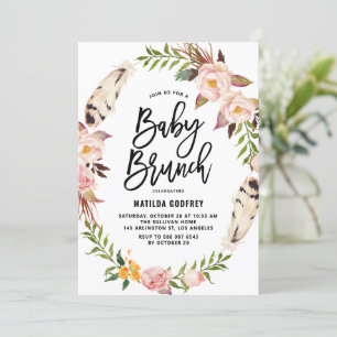 Bohemian Feathers Floral Wreath Baby Shower Brunch Invitation