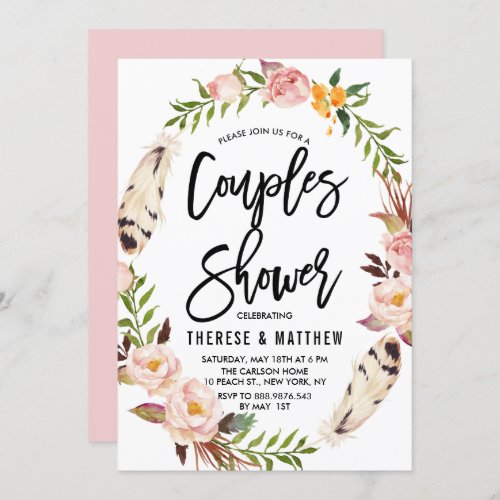 Bohemian Feathers  Floral Wreath Couples Shower Invitation
