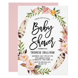 Bohemian Baby Shower Invitations Zazzle Bohemian Feathers Fl Wreath Pink Baby Shower Invitation