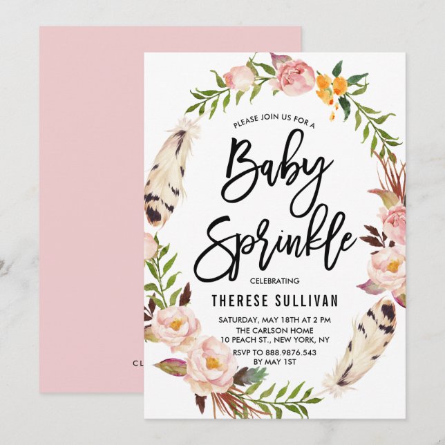 Bohemian Feathers Floral Wreath Pink Baby Sprinkle Invitation (Front/Back)