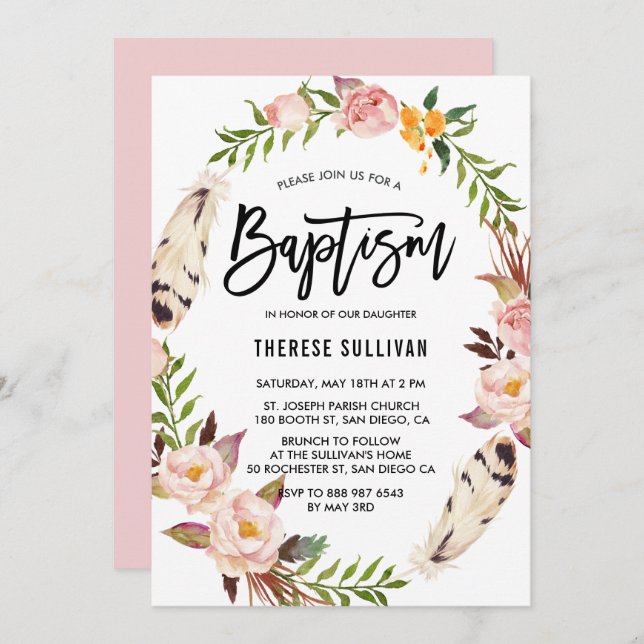 Bohemian Feathers & Floral Wreath Pink Baptism Invitation (Front/Back)