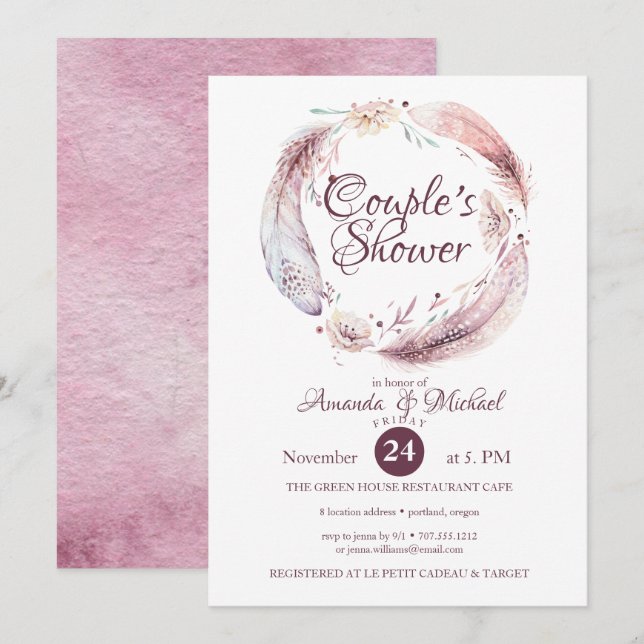 Bohemian Feathers Flowers Wreath Couple Shower Invitation (Front/Back)