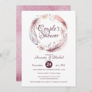 Bohemian Feathers Flowers Wreath Couple Shower Invitation