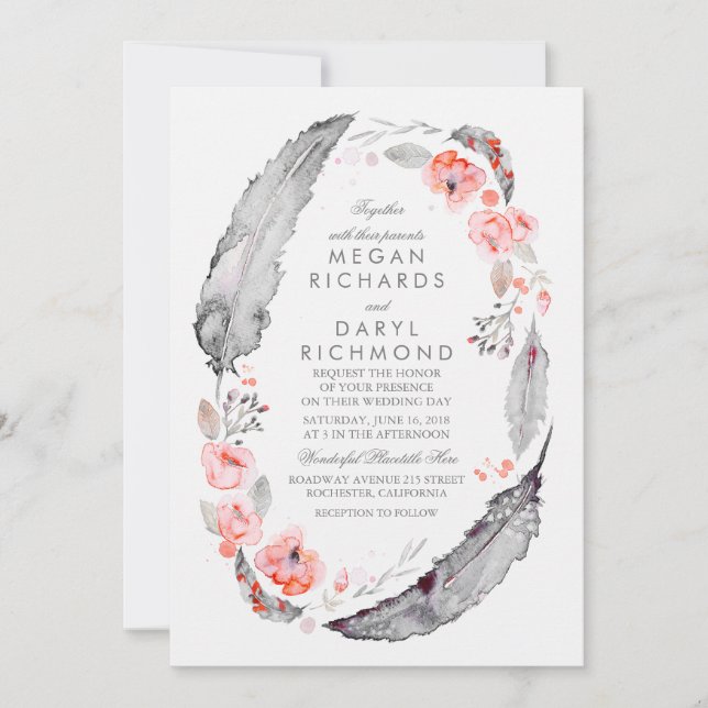 Bohemian Feathers Pink and Gray Wedding Invitation (Front)