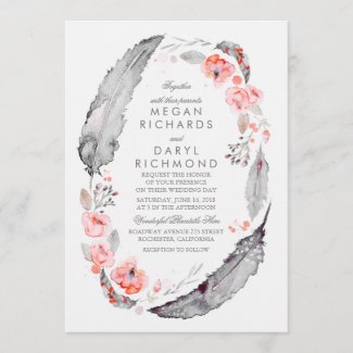 Bohemian Feathers Pink and Gray Wedding Invitation