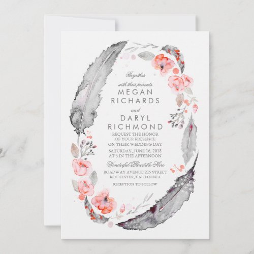 Bohemian Feathers Pink and Gray Wedding Invitation