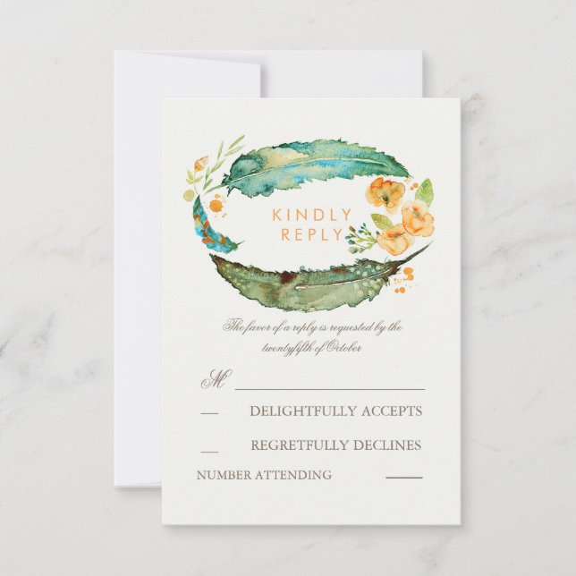 Bohemian Feathers Teal Wedding RSVP Cards (Front)