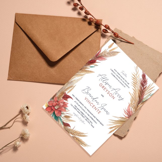 Bohemian Feathers Wheat Freesia Floral Wedding Invitation (Creator Uploaded)