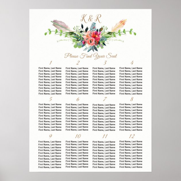 Bohemian Floral 12 Tables Wedding Seating Chart