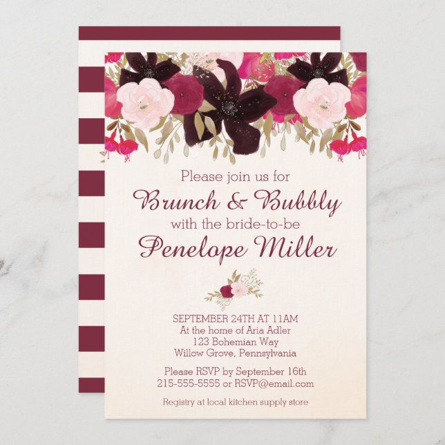 Bohemian Floral Brunch and Bubbly Invitation (Front/Back)