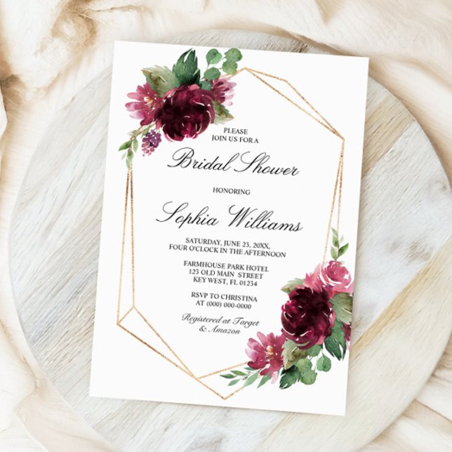 Bohemian Floral Burgundy Bridal Shower Invitation (Creator Uploaded)