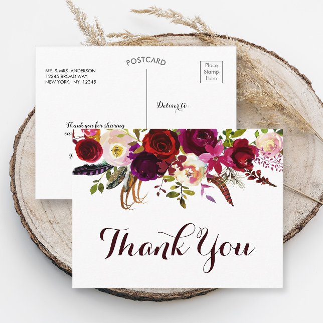 Bohemian Floral Burgundy Fall Wedding Thank You Postcard (Front & Back)
