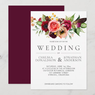 Bohemian Floral Burgundy Feather Wedding Announcement
