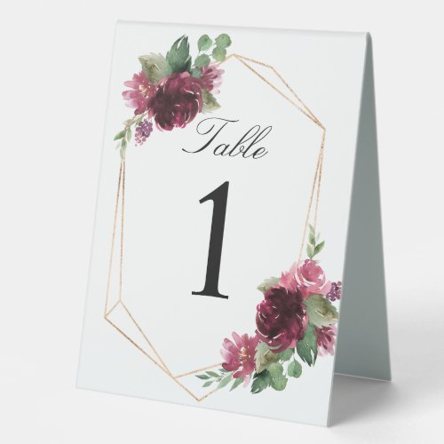 Bohemian Floral Burgundy Wedding Number Table Tent Sign