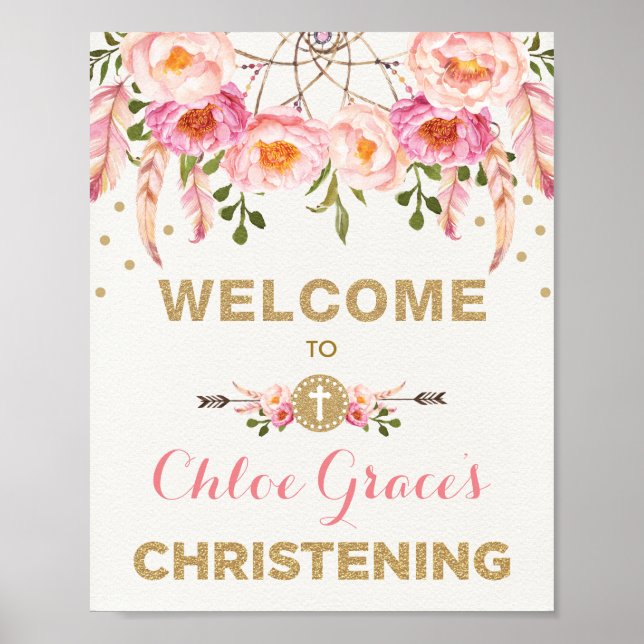 Bohemian Floral Christening Pink & Gold Welcome Poster (Front)