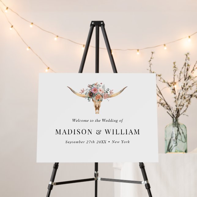 Bohemian Floral Cow Skull Wedding Welcome Sign (In Situ (Stand))