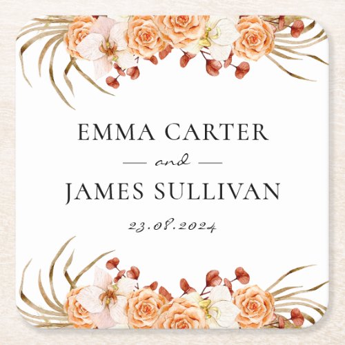 Bohemian Floral Crown Wedding Square Paper Coaster