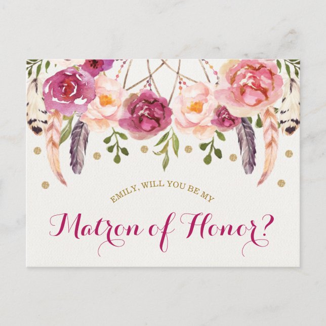 Bohemian Floral Dreamcatcher Matron of Honor Card (Front)