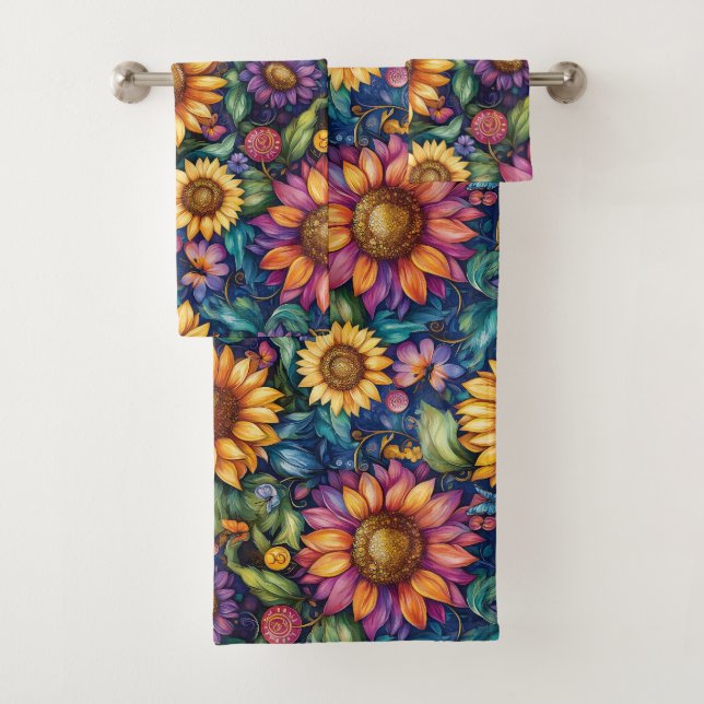 Bohemian Floral Dreamscape Vibrant Pattern Bath Towel Set (Insitu)