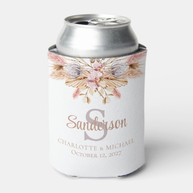 Bohemian Floral Dusty Pink Personalized Wedding Can Cooler (Can Front)