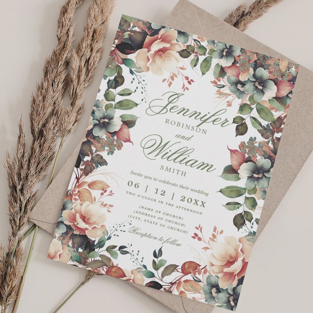 Bohemian Floral Fall Autumn Wedding w/ QR RSVP Invitation (Bohemian Floral Fall Autumn Wedding w/ QR RSVP Invitation)