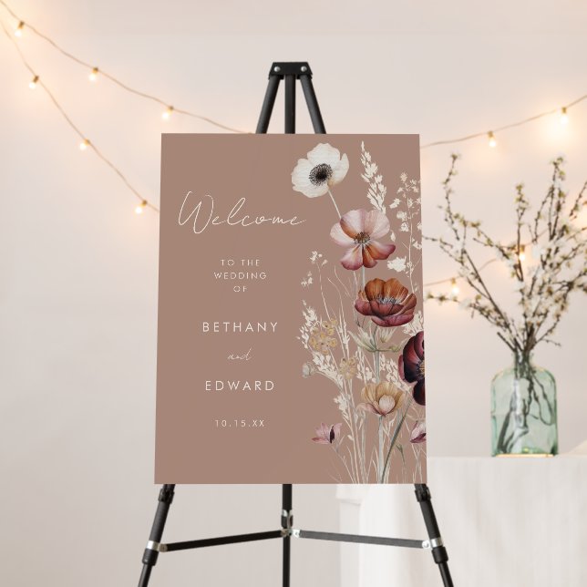 Bohemian Floral Fall Taupe Wedding Welcome Sign (In Situ (Stand))