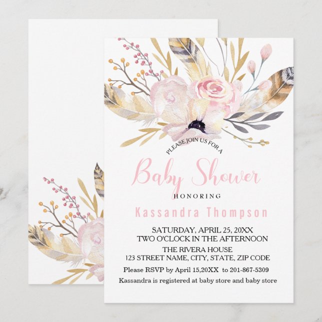 Bohemian Floral & Feathers Baby Shower Invitation (Front/Back)
