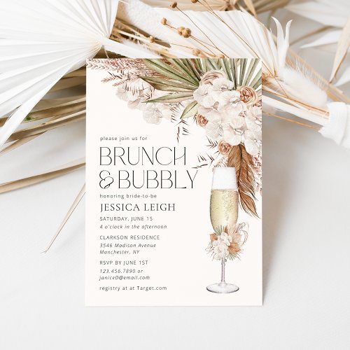 Bohemian Floral  Feathers Brunch  Bubbly Invitation
