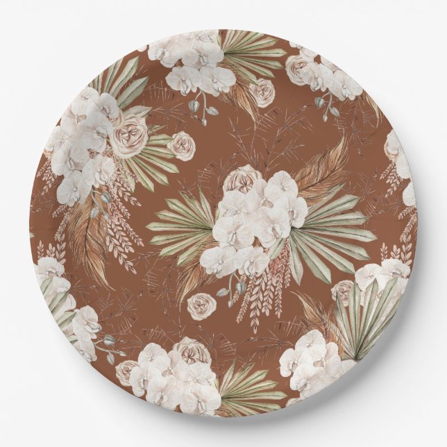Bohemian Floral & Feathers Paper Plates (Front)