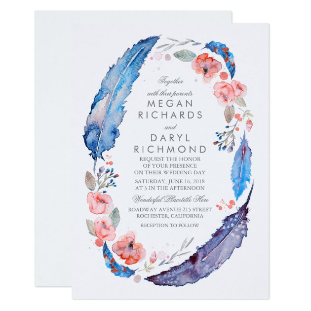 Bohemian Floral Feathers Rustic Wedding Invitation