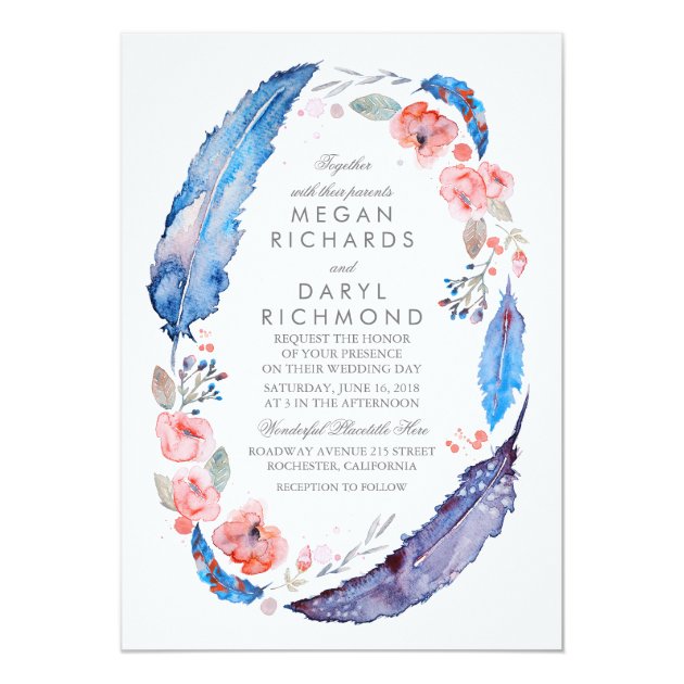 Bohemian Floral Feathers Rustic Wedding Invitation