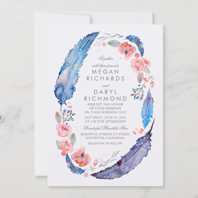 Bohemian Floral Feathers Rustic Wedding Invitation (Front)