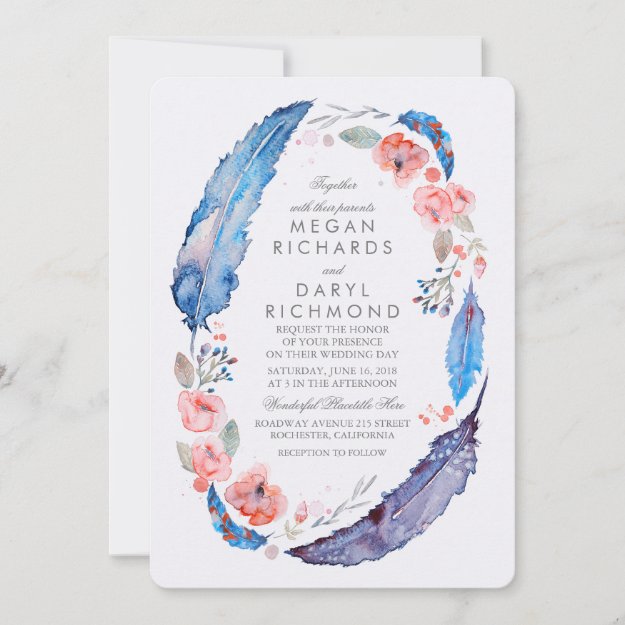 Bohemian Floral Feathers Rustic Wedding Invitation
